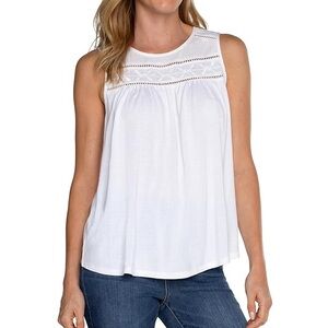 Liverpool White Sleeveless Pleated Tank Top Embroidered Size S Boho Festival